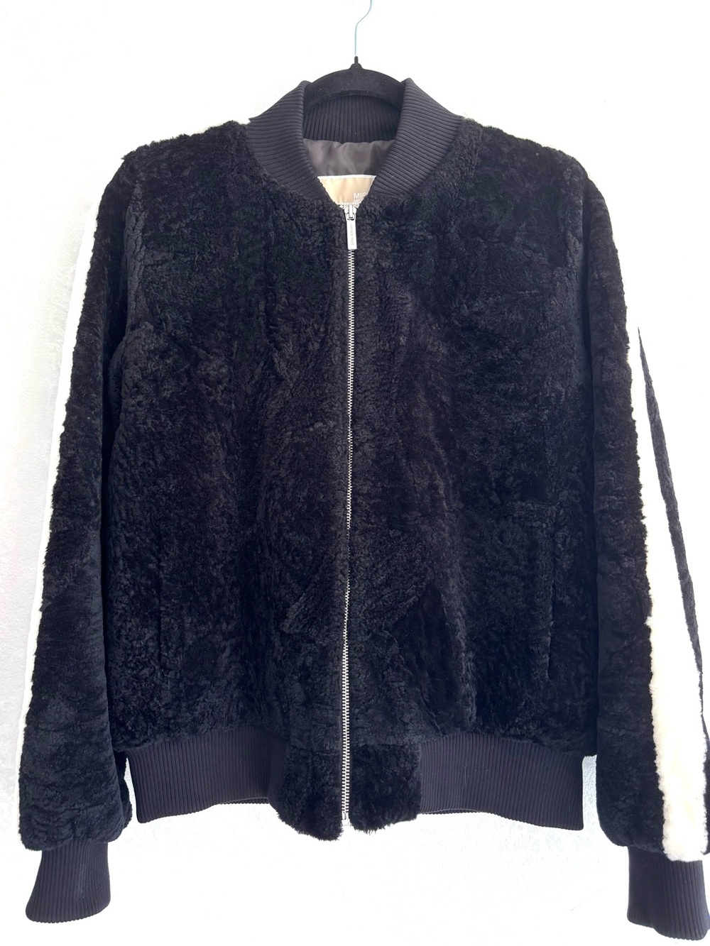 Michael Kors Black and White Lamb Fur Bomer Jacket Size XS